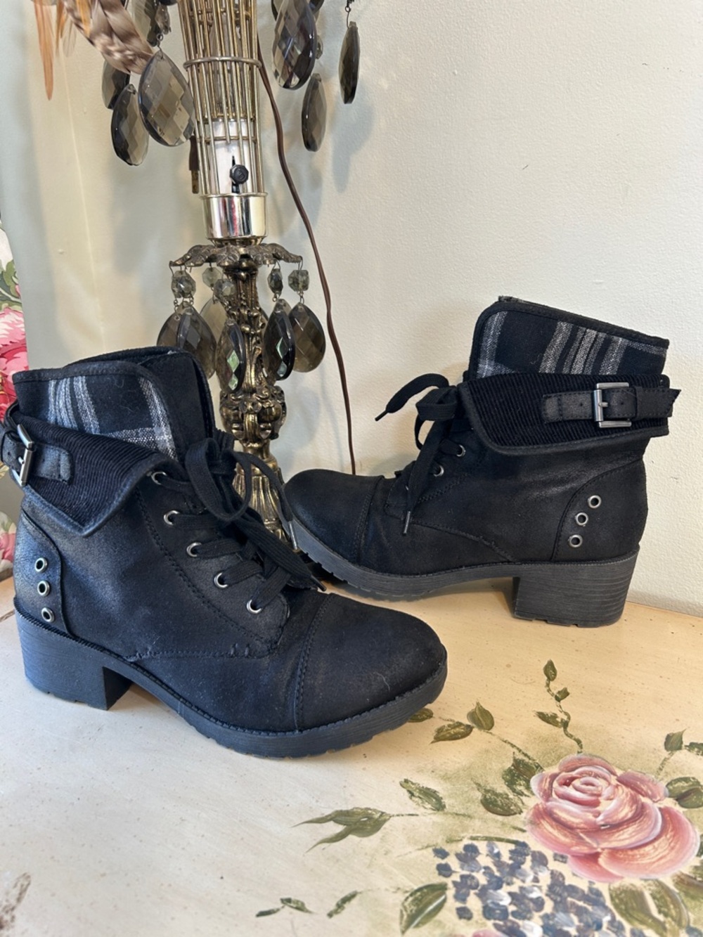 Rock & Candy Sonni Black Plaid Foldable Cuff Lace Up Ankle Buckle Strap Boots